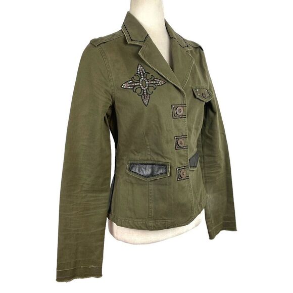 Jaded By Knight Womens Medium Olive Green Egal Leather Military Jacket Studded - Picture 5 of 16